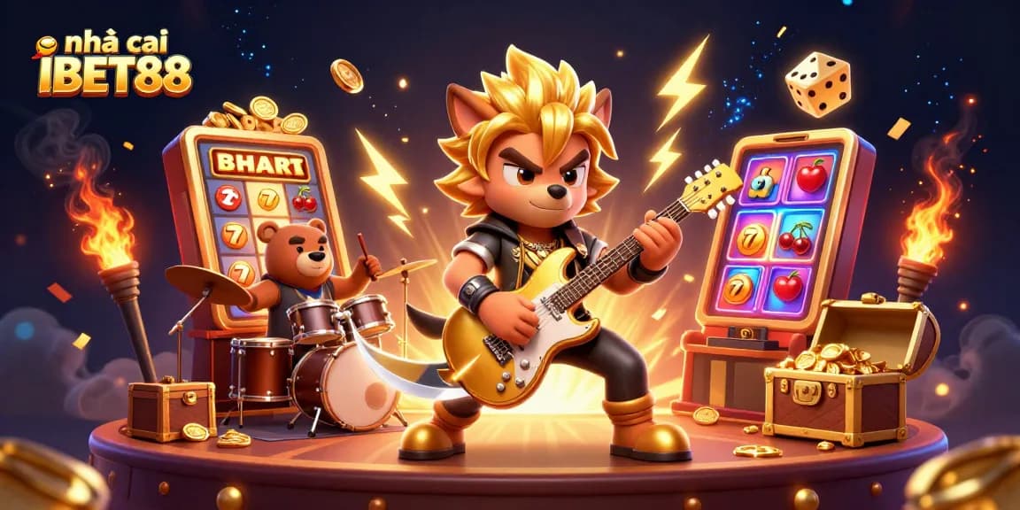 Experience the thrill of nhà cái IBET88 with epic casino visuals, featuring a rock star wolf and joyous gaming elements.