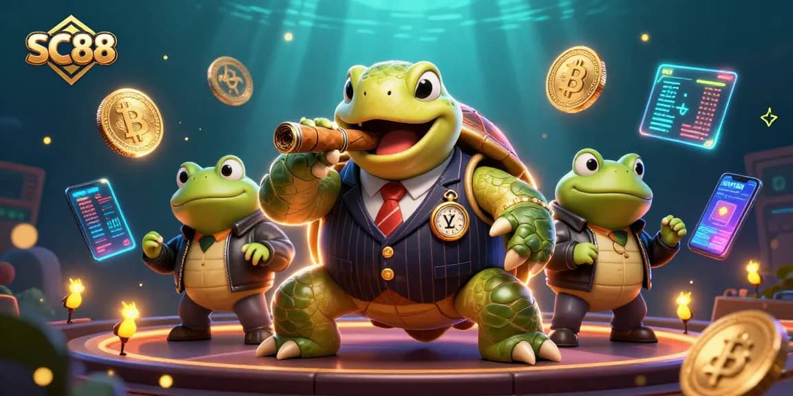 SC88 casino scene with a snapping turtle mobster, bullfrog enforcers, and crypto elements