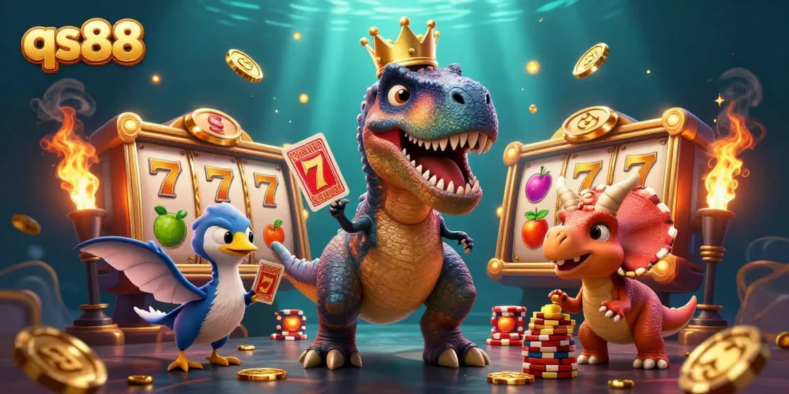 Experience qs88's vibrant gaming atmosphere with a T-Rex, pterodactyl, and triceratops in a dynamic casino scene.