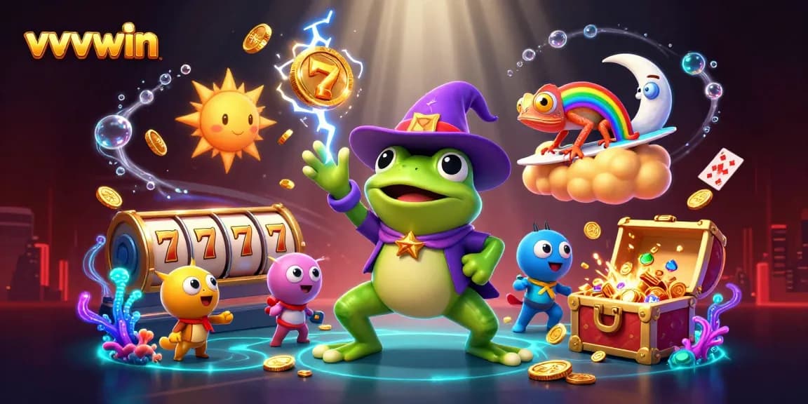 Experience thrilling gameplay at vvvwin with a vibrant 3D scene showcasing cartoon characters amidst gold coins and slot reels.