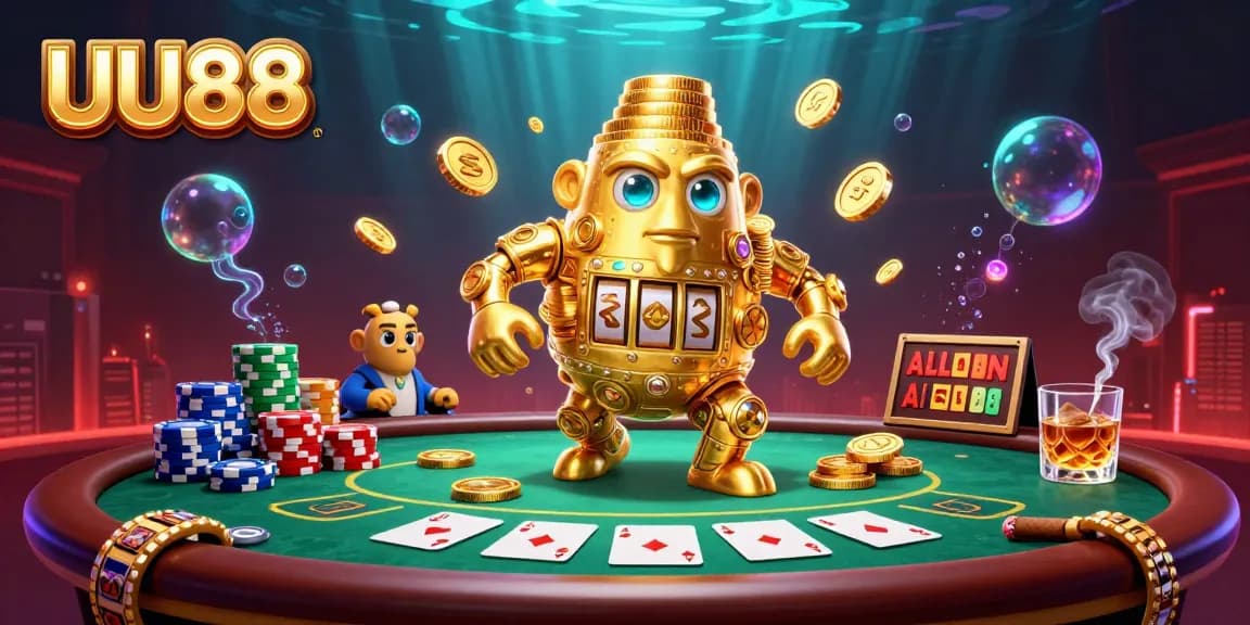 Experience UU88's vibrant casino atmosphere with a golden golem and colorful poker elements.