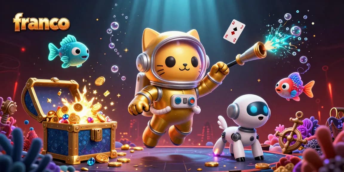 Experience thrilling gaming action with franco's captivating 3D illustration featuring vibrant casino elements and characters.