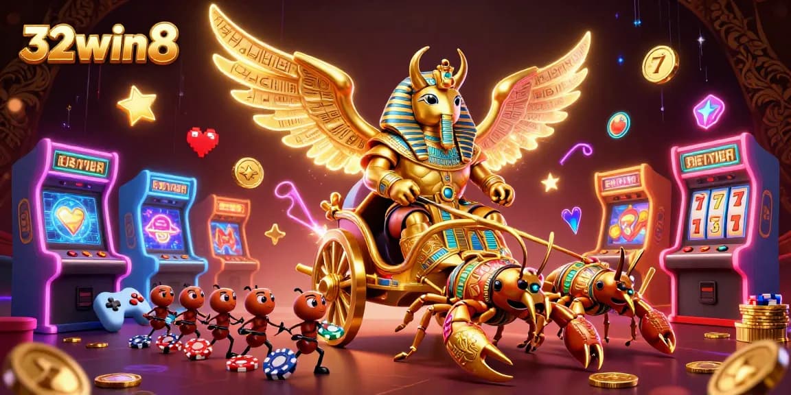 Engage with exciting gameplay at 32win8, featuring a dynamic illustration of a golden scarab beetle in a casino scene.