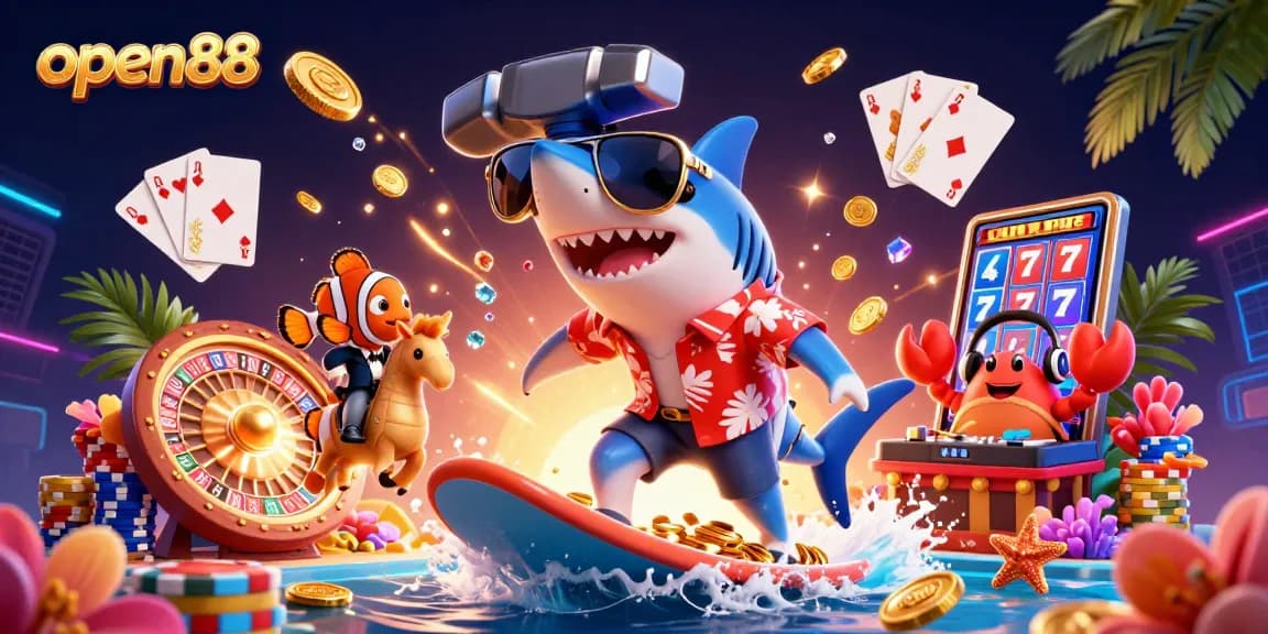 Win big with open88's fun and dynamic 3D casino illustration featuring vibrant characters.