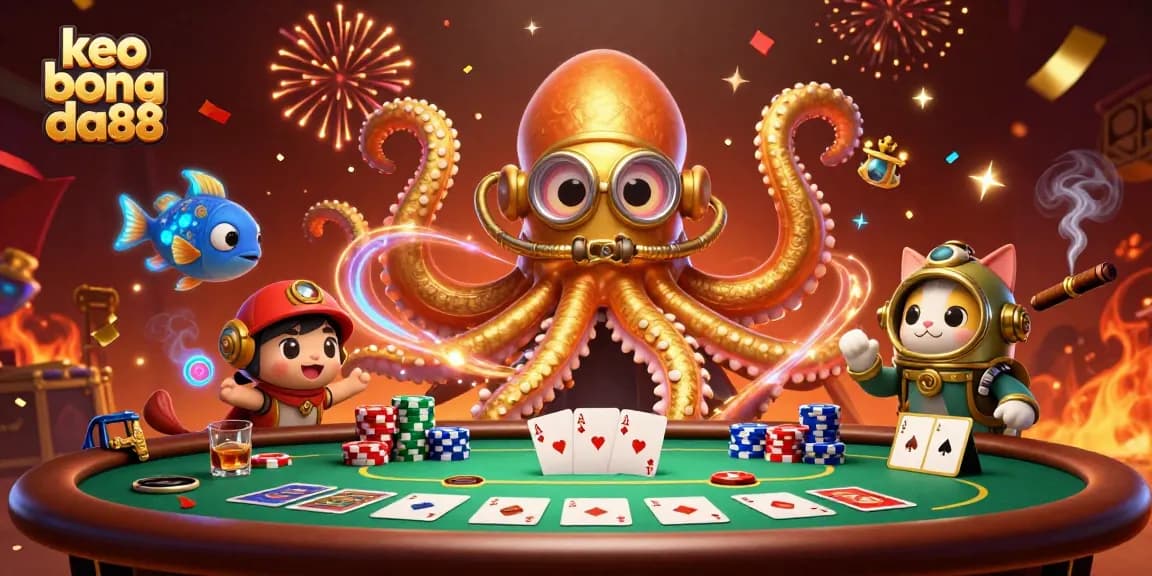 Experience the excitement of keo bong da88 with a colorful, dynamic scene of gambling characters and elements.