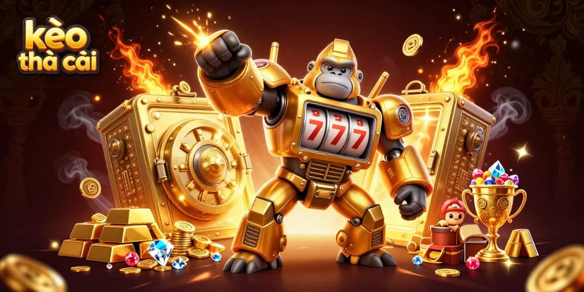 Experience thrilling kèo nhà cái action with a dynamic illustration of a golden mech and casino treasure.