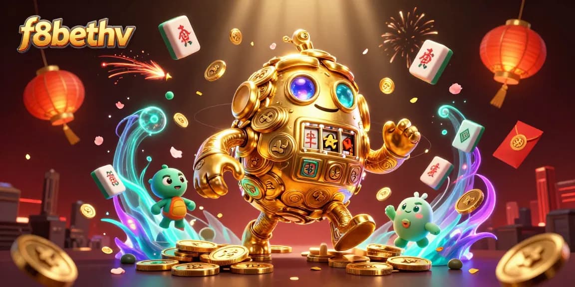 Engage with f8bethv's vibrant 3D casino scene featuring a golden golem and rich game elements.