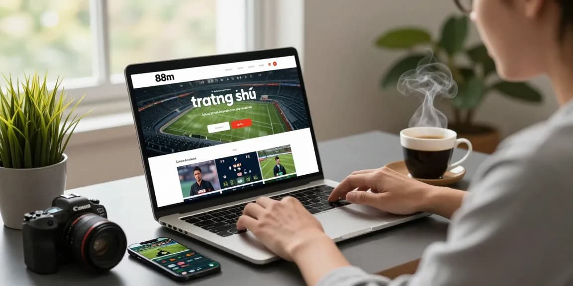 88m trang chủ displayed on a modern laptop screen in a stylish home office, highlighting online betting excitement.
