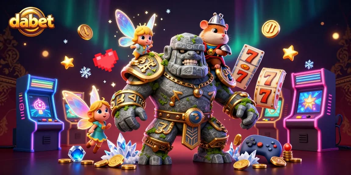Dabet showcases a magical illustration of a stone golem and fairy casting magic amidst vibrant slot reels.