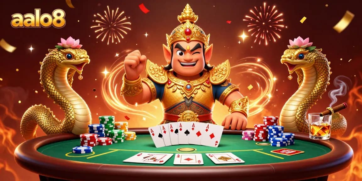 A vibrant 3D illustration showcasing aalo8 action with Thai temple guardian and poker elements.