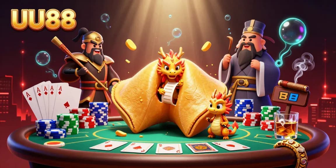 Engage in thrilling gameplay at UU88 while enjoying a vibrant casino illustration with unique characters and elements.