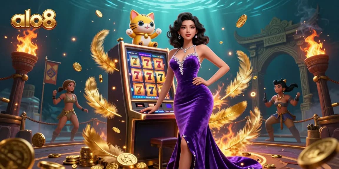 Spin the jackpot reel at alo8, with a glamorous lady and a lucky fortune cat amid gold coins.