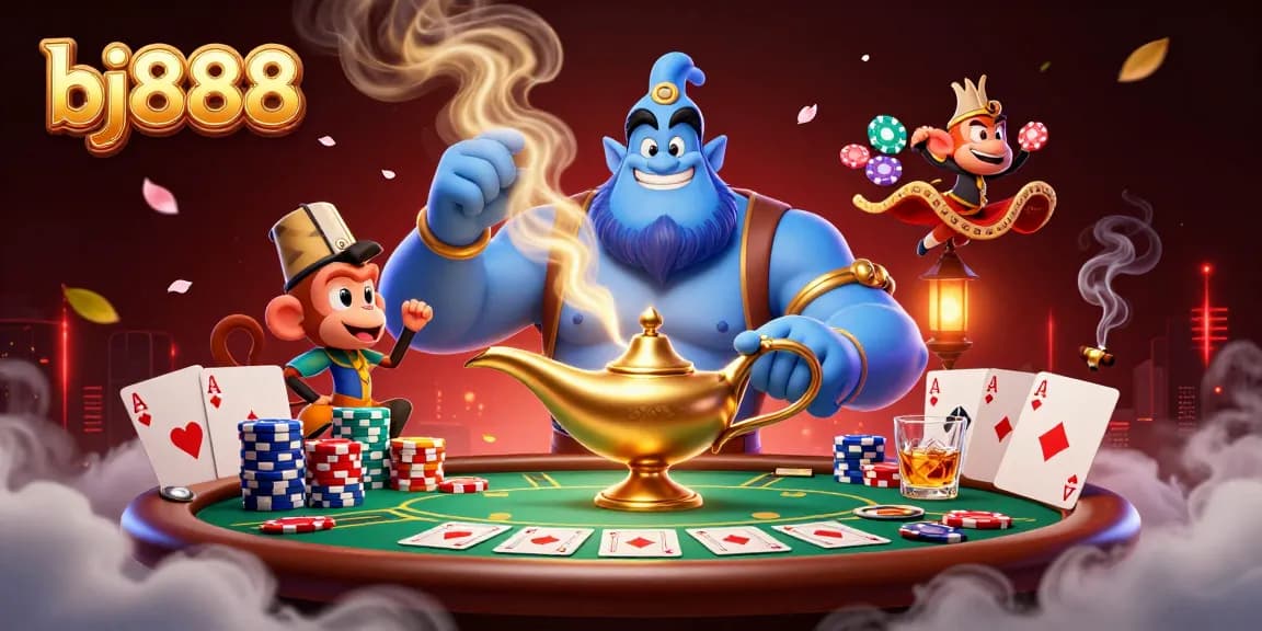 Experience the excitement of bj888 with a genie, monkey, and poker chips in a vibrant casino setting.