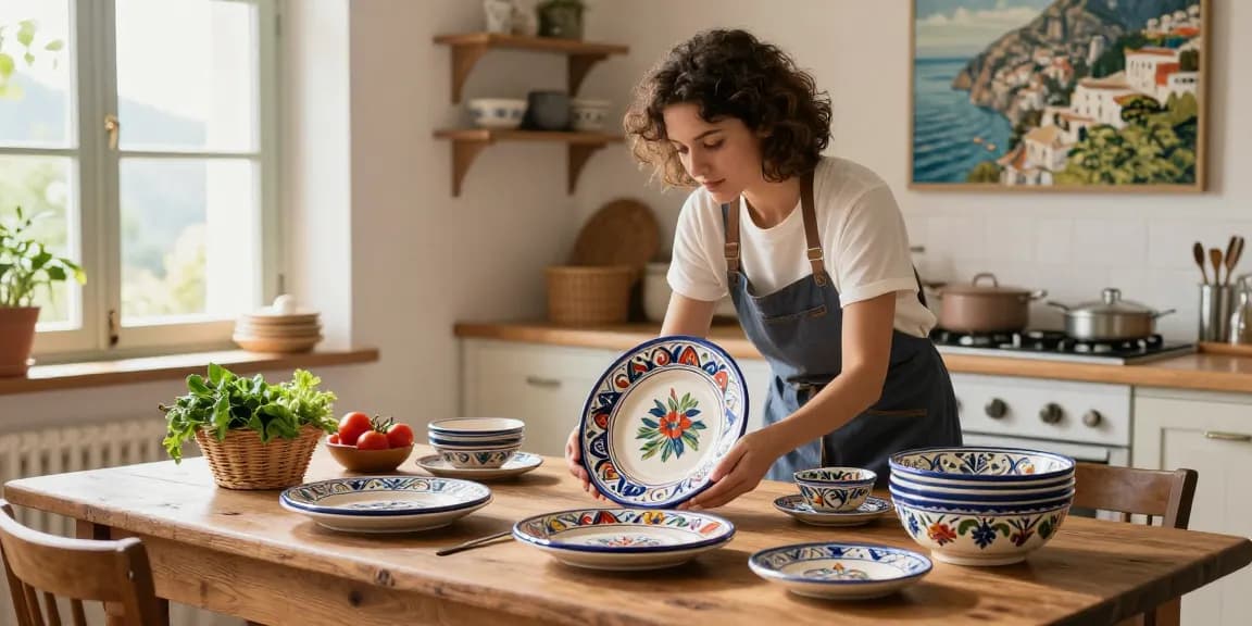 Beautiful display of Italian Ceramics in a warm kitchen setting, showcasing colorful Deruta pieces and fresh ingredients.