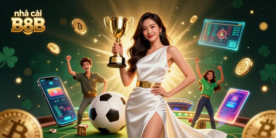 Engage with nhà cái B8B through this dynamic 3D casino illustration featuring sports betting and crypto themes.