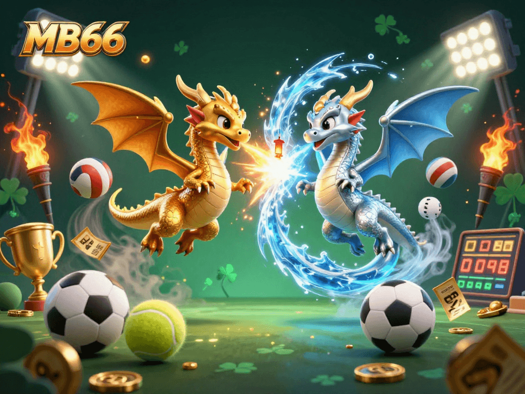 Engage with vibrant sports betting excitement featuring MB66 dynamic dragons amid 3D sports elements.