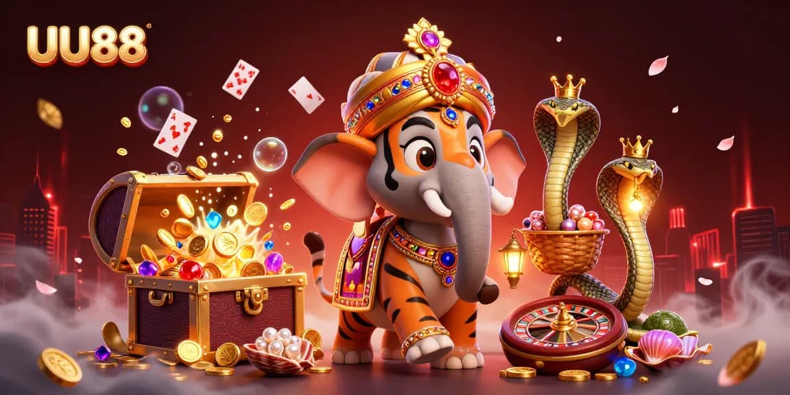 Experience the thrill of UU88 casino with a vibrant 3D scene featuring a maharaja tiger, jewel-encrusted elements, and dynamic gaming action.