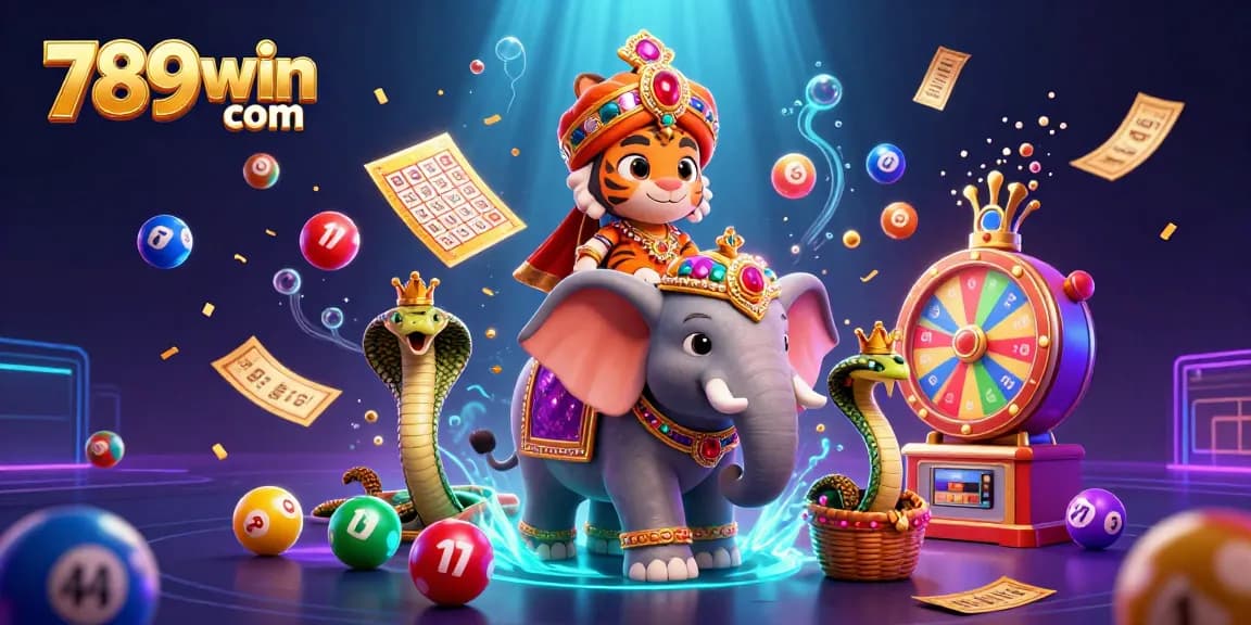 Engage with the vibrant scene of 789win com featuring a cartoon maharaja tiger and an elephant amidst colorful gaming elements.