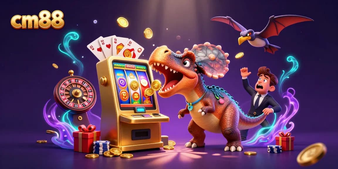 Catch the excitement at cm88 as a pachycephalosaurus wins jackpot coins from a golden slot machine.