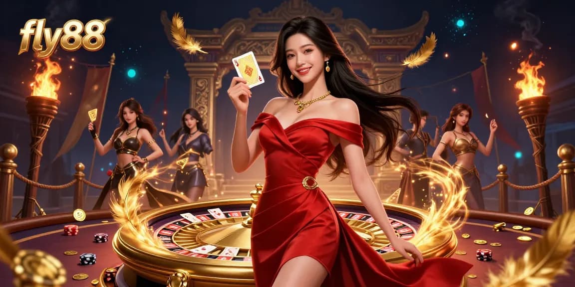 Engage in thrilling bets and games with fly88 at an exquisite casino setting featuring a confident player.