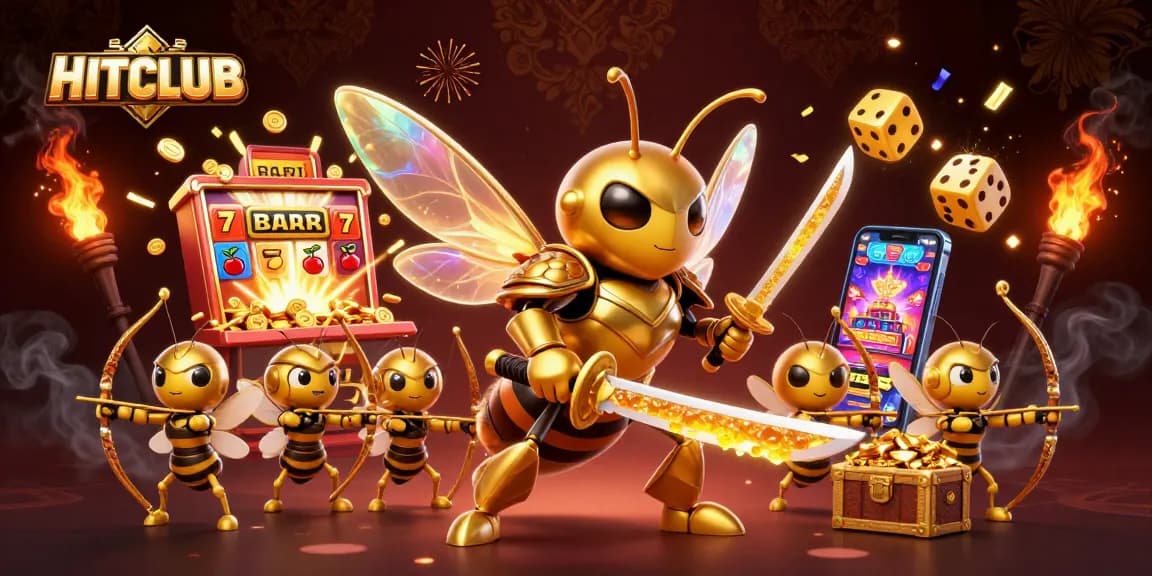 HITCLUB showcases a vibrant casino scene with a golden hornet and thrilling slot machine action.