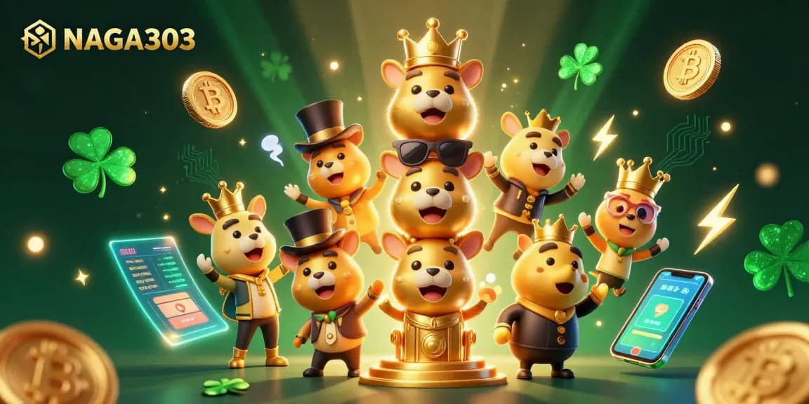 NAGA303 brings vibrant casino excitement with a golden totem and animated crypto elements in 3D.