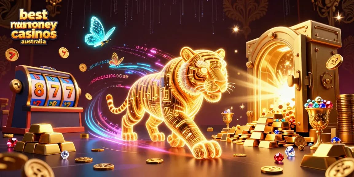 Experience the excitement of the best real money casinos Australia with vibrant gaming elements and a golden tiger.