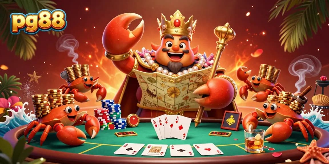 Engage with pg88's thrilling casino scene featuring a golden crab emperor at a poker table, embodying excitement.