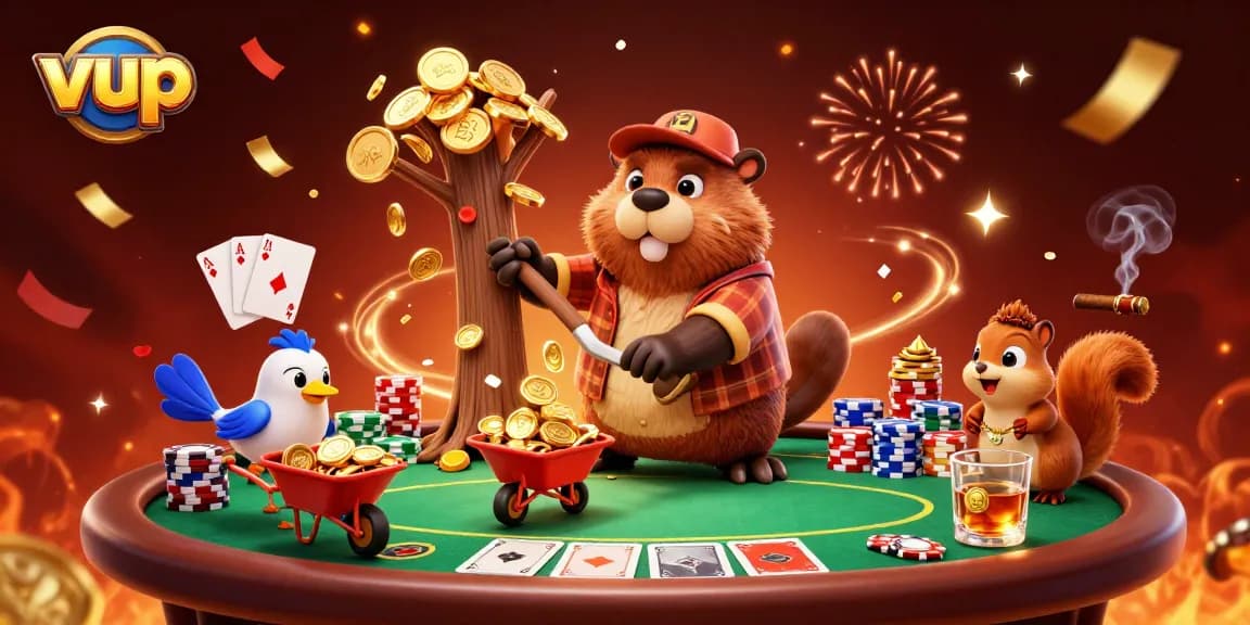 Experience the excitement at vup with a beaver, bird, and squirrel celebrating as they collect coins from a magical tree.