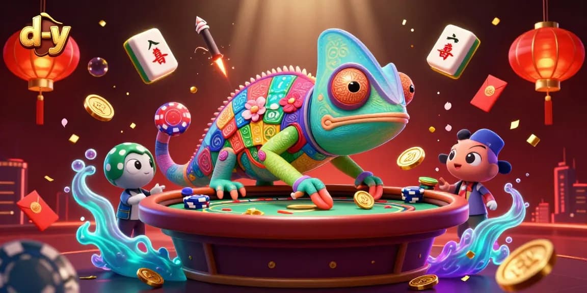 d-y casino scene with a colorful chameleon owner and dynamic gambling elements, including mahjong tiles and coins.