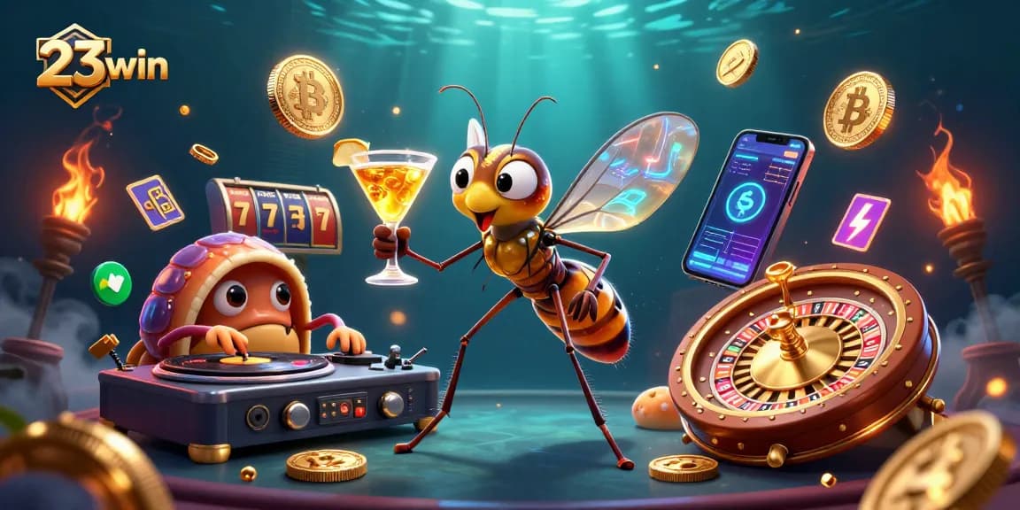 Experience the vibrant casino world of 23win with a lively illustration showcasing 3D characters and gaming elements.