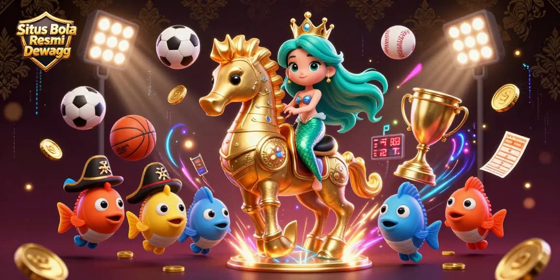 Situs Bola Resmi Dewagg showcases a vibrant betting scene with cartoon characters and dynamic sports elements.