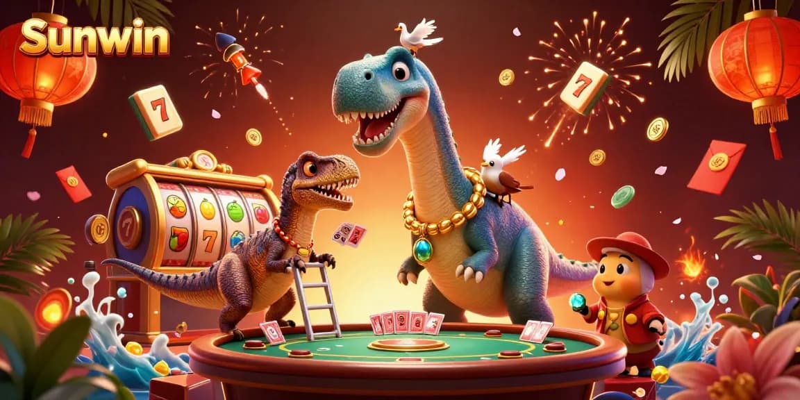 Experience thrilling gameplay with Sunwin as a giant brontosaurus towers in a vibrant casino setting.