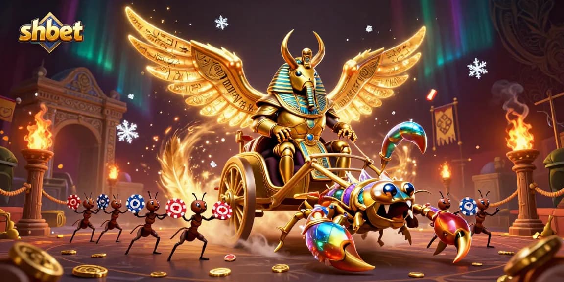 Bet on shbet with the majestic golden scarab beetle leading the action in a vibrant casino scene.