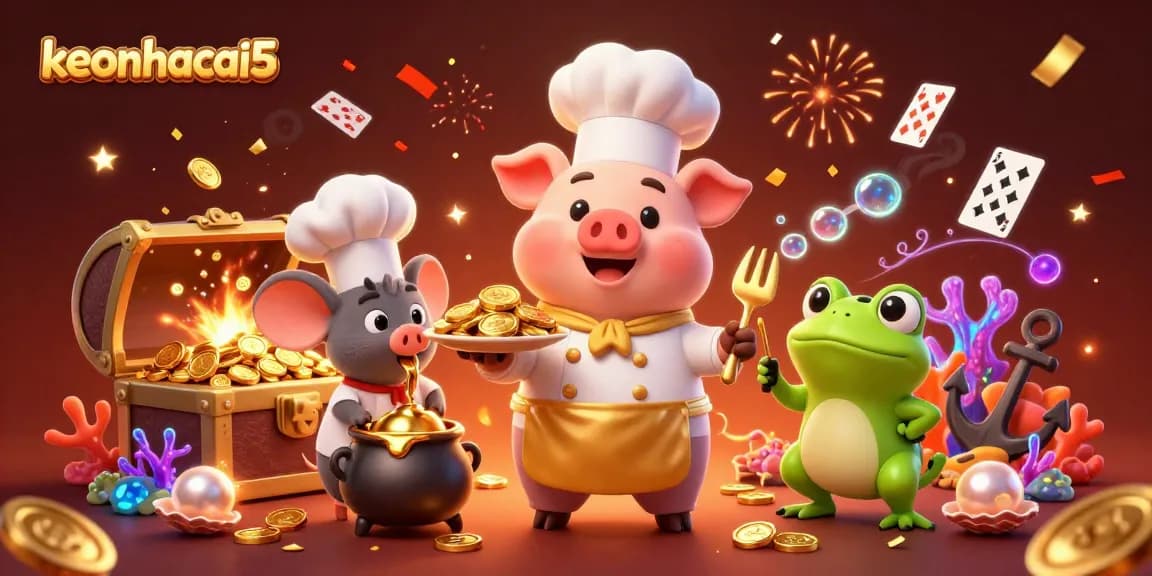 Engage in the excitement of keonhacai5 with a vibrant 3D casino scene showcasing gold coins and playful characters.