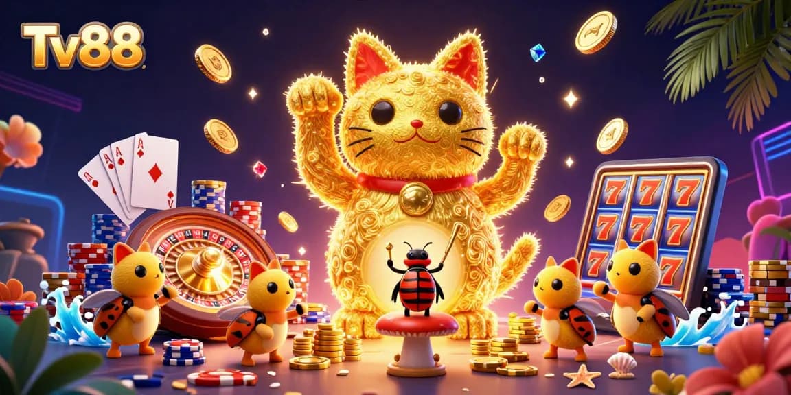 Experience exciting games at Tv88 with vibrant visuals of a lucky cat and flying coins in a dynamic casino scene.