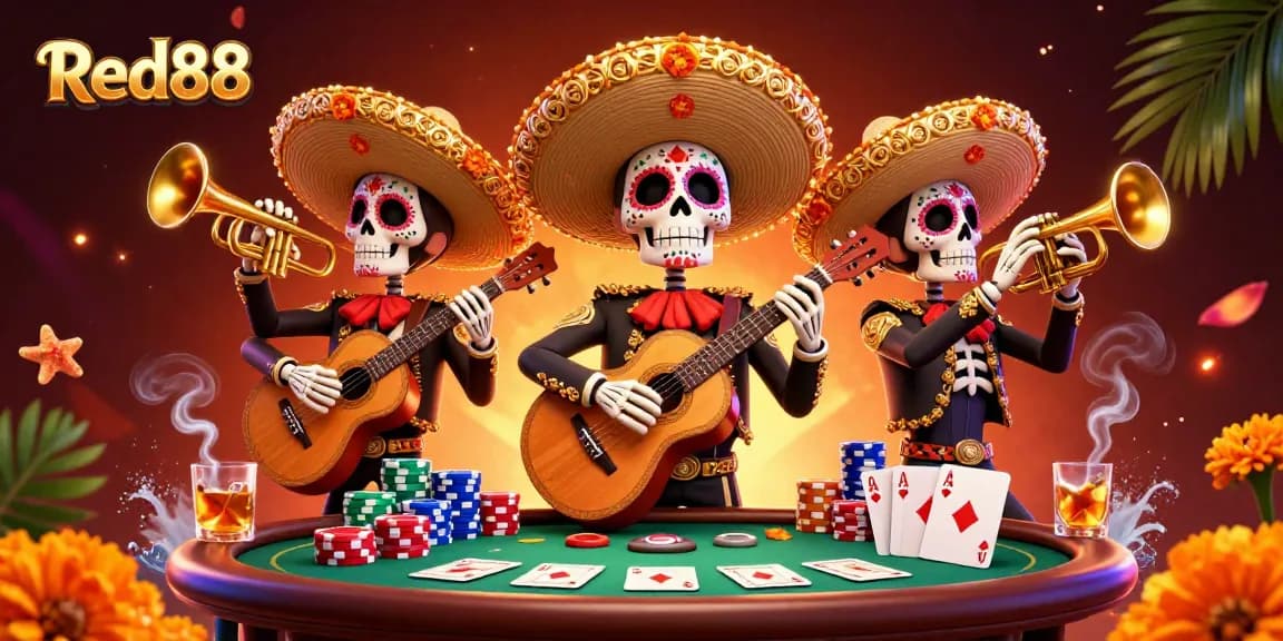 Engage with Red88's vibrant gaming atmosphere featuring colorful mariachi skeletons and poker action.