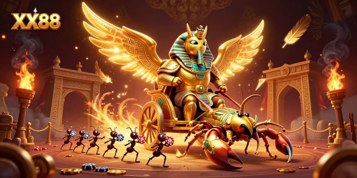 Experience the excitement of XX88 as vibrant elements of online gaming surround a colossal scarab in armor.