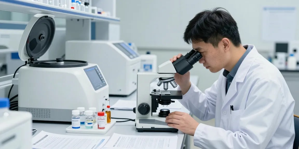 Laboratory focused on SwissChems Peptide research with vials and scientific equipment.