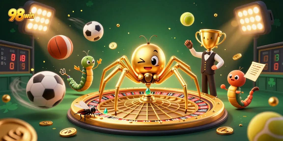 Experience exhilarating gaming at 98win, where a golden spider creates a roulette wheel in a vibrant casino scene.