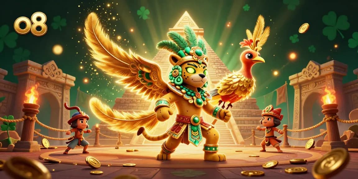 Experience thrilling gameplay with o8 as a Mayan jaguar priest and companions celebrate wins among treasures.