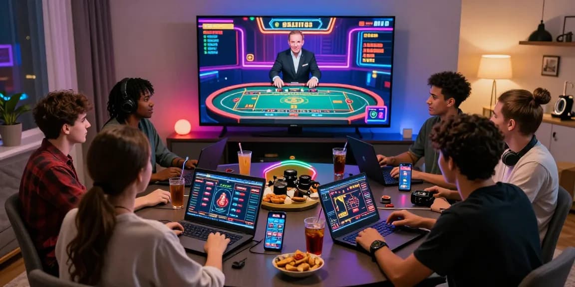 Diverse gamers enjoying thrilling live casino fun with bl555 on a high-tech setup.