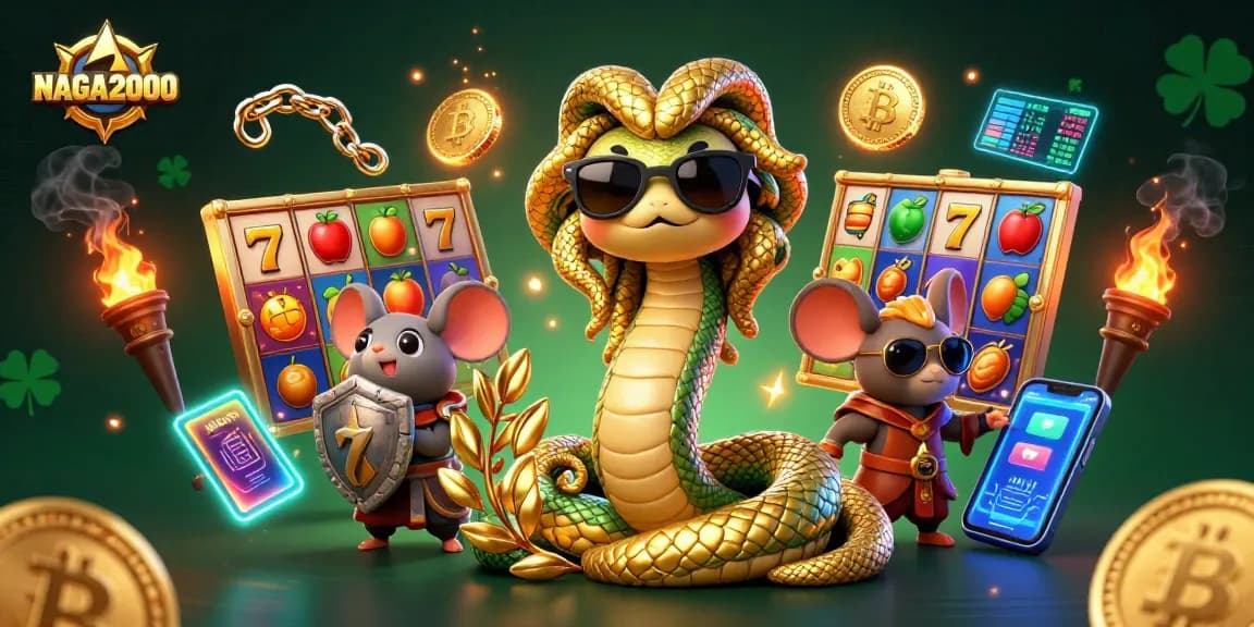 NAGA2000 menampilkan gulungan slot yang cerah dan Medusa yang ramah di tengah koin kripto yang bersinar dalam adegan kasino yang menegangkan.