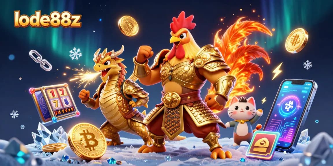 Engage with the vibrant lode88z scene featuring a fighting rooster, dragon hatchling, and rich gambling elements.