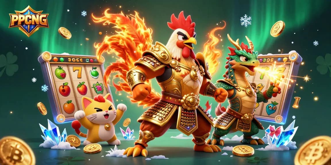 Engage with PPCPNG, featuring an epic rooster warrior, a dragon hatchling, and slot game elements.