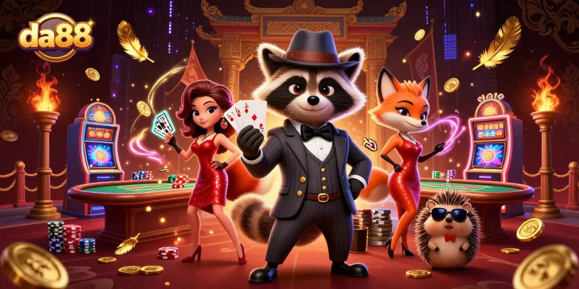 Experience thrilling gameplay with da88 surrounded by vibrant casino elements and charming characters.