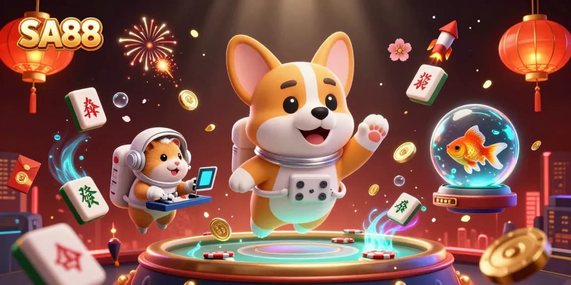 Experience the thrill of SA88's casino with floating coins, vibrant colors, and gaming excitement!