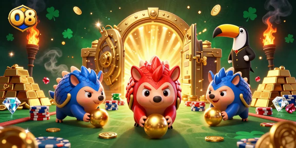 Engage in thrilling O8 casino adventures with rival pangolins and sparkling treasures.