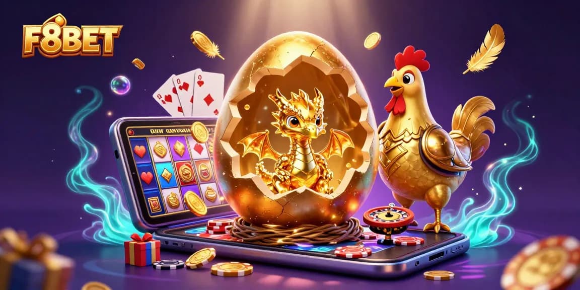 Engage in thrilling games at F8BET with a golden dragon and vibrant casino elements in a magical setting.
