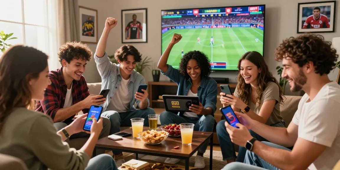 Excited friends celebrating a win on BL555's online gambling platform in a dynamic, vibrant setting.